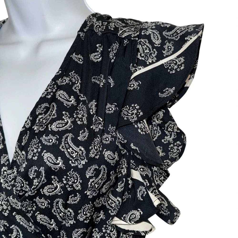 GIGI PARKER Black White Paisley Ruffle Wrap Flutter Sleeve Midi Dress‎ EUC Small